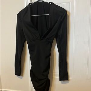 SHEIN Black Bodycon Ruched Long Sleeve Plunge Dress